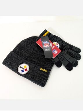 NEW Steelers Beanie Toboggan Hat & Stretch Gloves Set Adult Unisex Mens Womens
